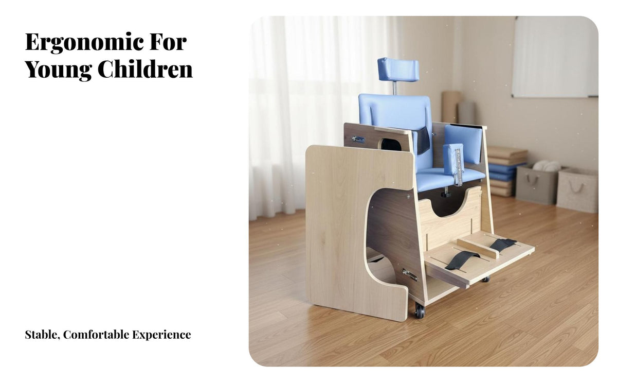 Fully Adjustable children's Posture Correction Chair Ergonomic Design Wooden Cerebral Palsy Chair Solid Wood Construction Toddler Positioning Seat Locking Casters for Physical Therapists, Toddlers, Parents, Indoor, Therapeutic Sessions, Home