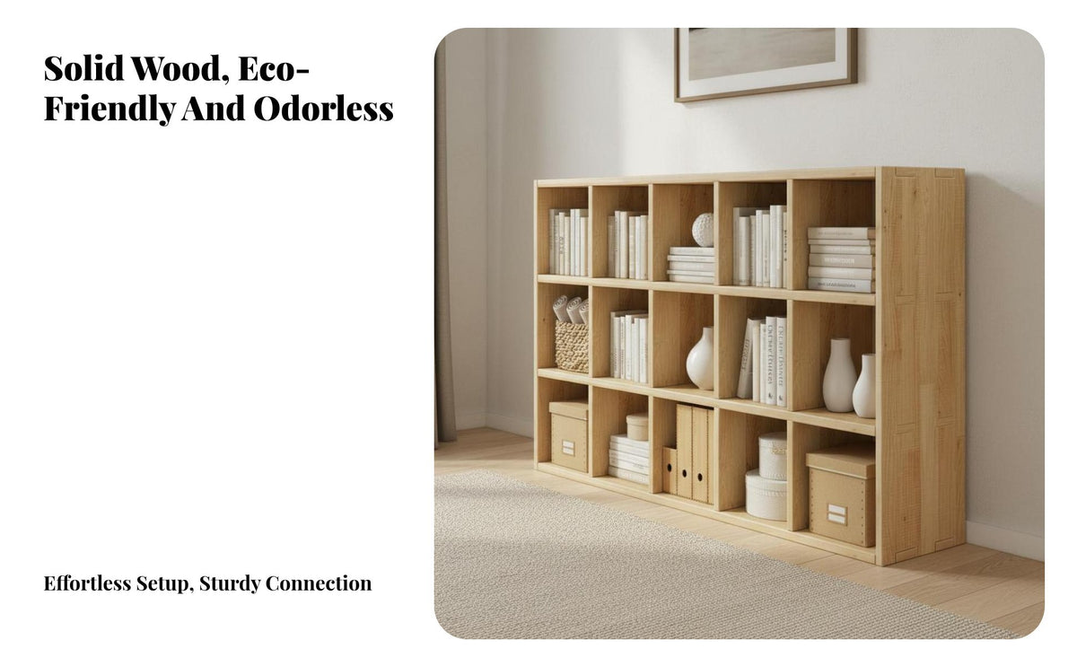 Versatile Solid Wood Bookshelf Long-Lasting Construction Fir Wood Grid Shelf Stable Structure Accessible Bookshelf High Load-Bearing Capacity for Students, Homeowners, Living Room, Bedroom, Home Office, Entryway
