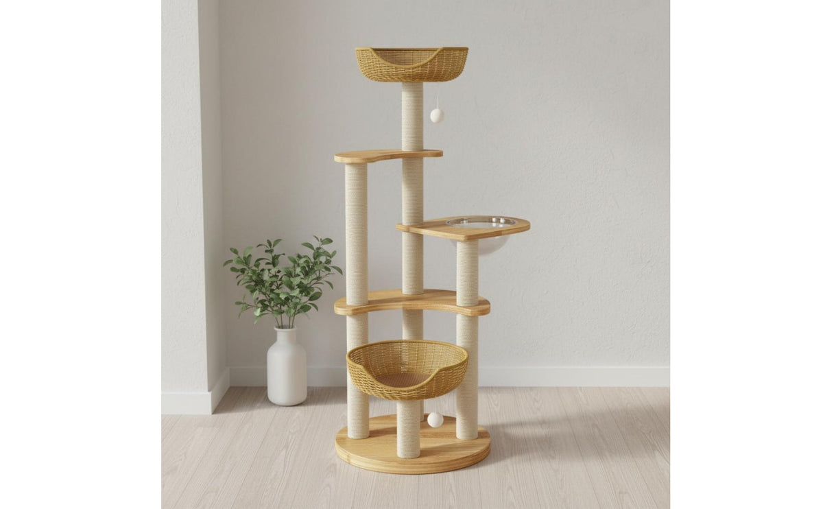 Solid Wood Construction Feline Tree with Space Capsule Sturdy & Stable Wooden Feline Climbing Frame Easy Assembly Pet Furniture for Cats, Kittens, Indoor
