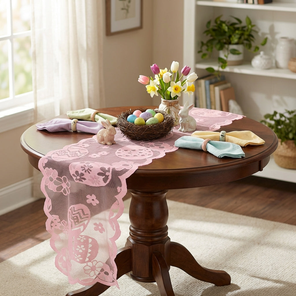 Easter Lace Table Runner Easy to Clean Easter Table Runner Machine Washable House Decoration for Party Hosts, Families, Dining Room, Home, Mantelpiece