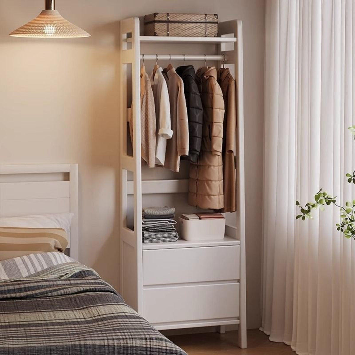 Wooden Coat Rack with Drawers Solid Wood Standing Clothes Stand Multi-functional Organizer with Shelves and Hanging Rod Suitable for Renters Hallway Office Bedroom Entryway