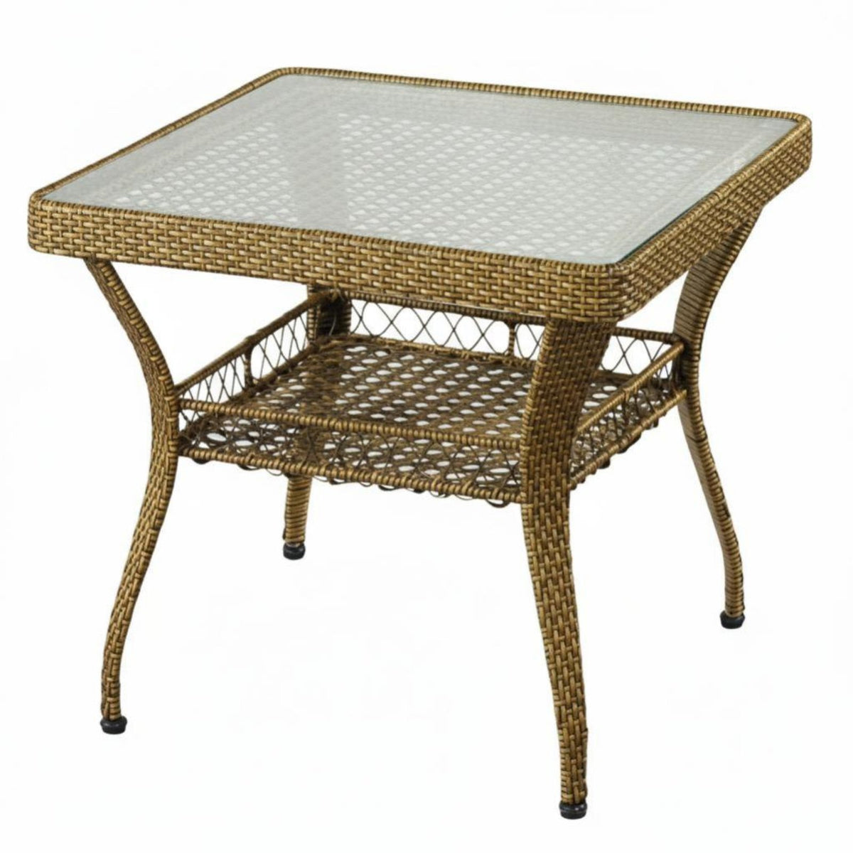 Square Woven End Table with Glass Top Minimalist Design Outdoor Furniture Space-Saving Easy to Clean for Adults, Balcony, Garden