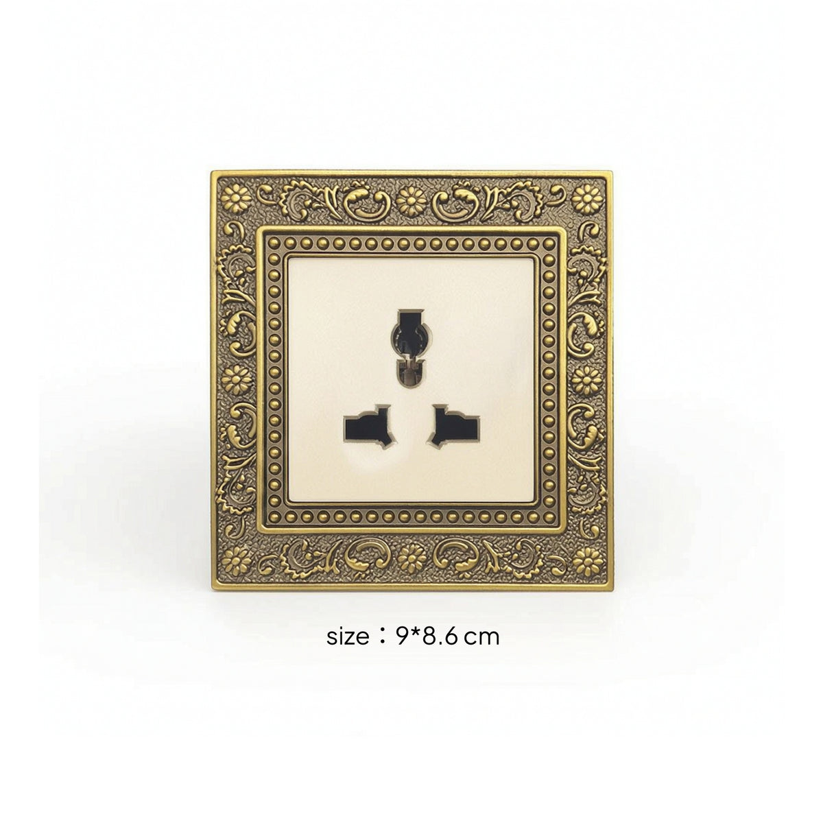 Ornate Universal Socket with Floral Border Gold-Toned Retro Wall Outlet Embossed Hardware Zinc Alloy for Interior Designers, Homeowners, Home Renovation, Villas, Hotels