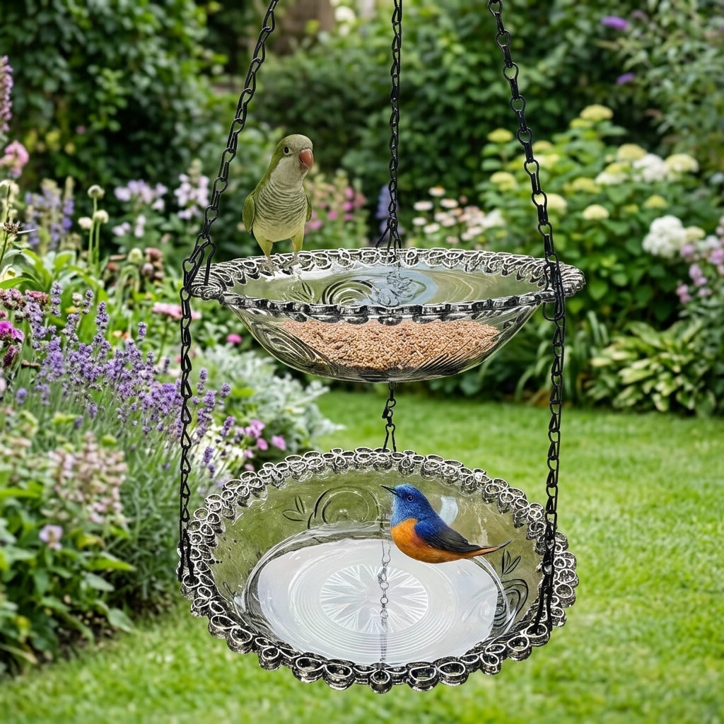 Hanging Bird Feeder and Bird Bath for Outdoor Garden, Round Basin Hanging Decoration, Courtyard Feeder Hanger Chain