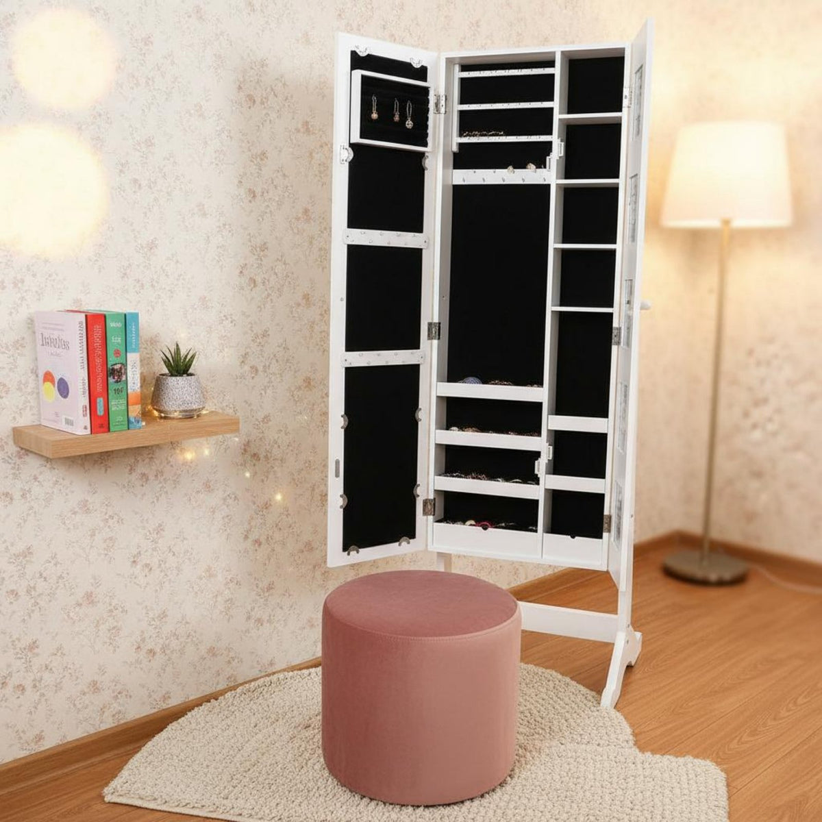 Mirror Jewelry Armoire Double Use Jewelry Cabinet Household Furniture Space Saving for Clothing Storage