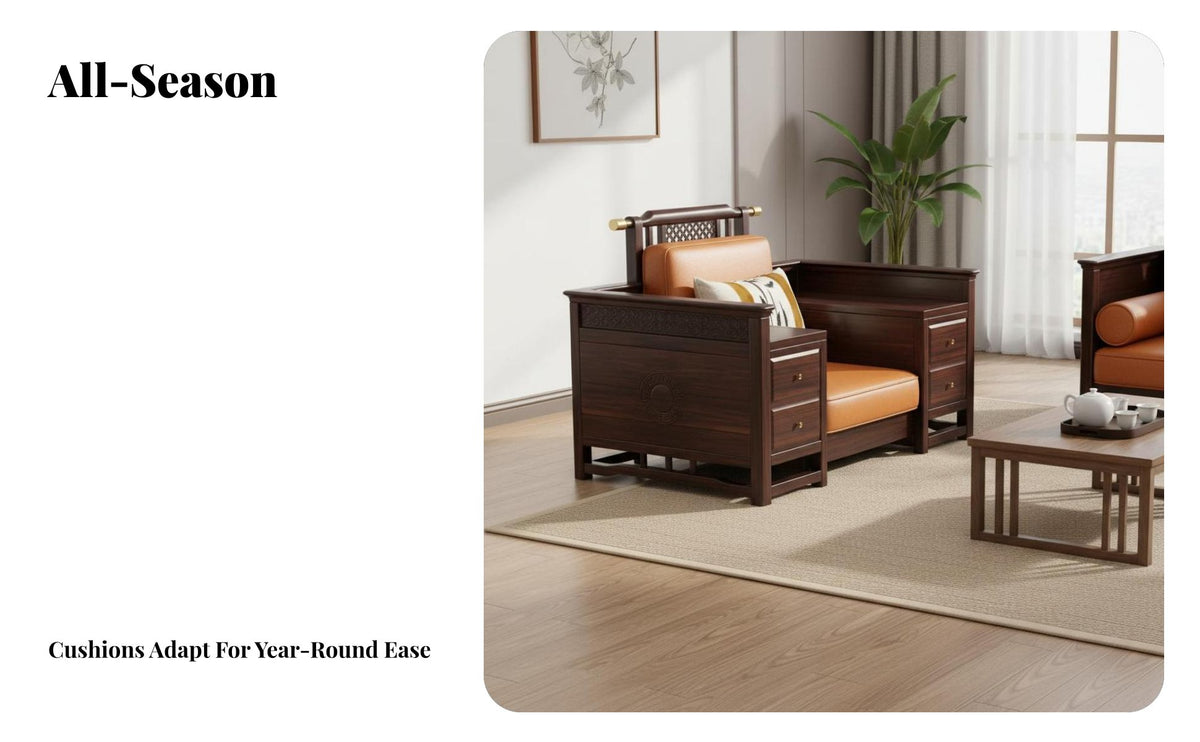 Wooden Frame Sofa with Drawers New Chinese design Lounge Seating hardwood Wood Construction Household Furniture for Homeowners, partners, Living Room, Home