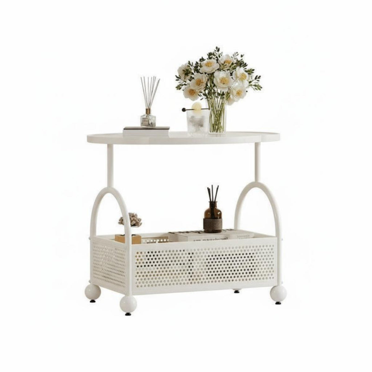2-Tier Rolling End Table Cream design Utility Cart Easy to Move for Homeowners