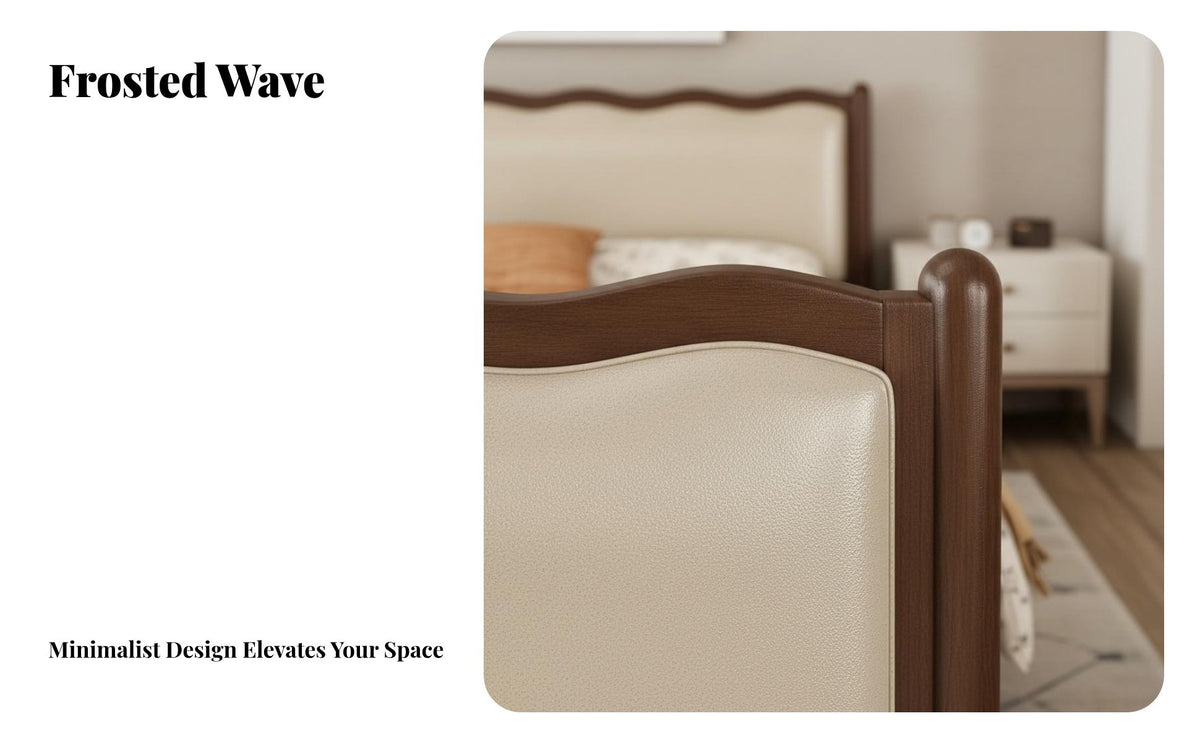 Solid Wood Double Bed Firm-Density Foam Padding Upholstered Wavy Headboard Bed Heavy-Duty Slats Bedroom Furniture for Couples