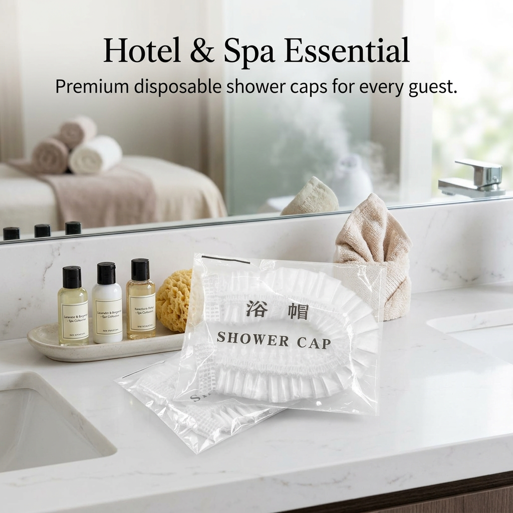 Disposable Shower Caps, PE Material, Unisex, Custom Logo Available, Bulk Pack for Hotels, Guesthouses, and Travel, OPP Packaging
