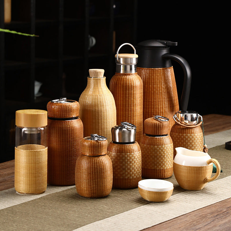 Bamboo-Woven Insulated Bottle, Chinese Style, Vintage, Small, Portable