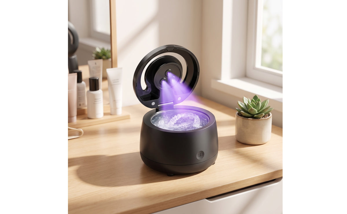 Vibrational Cleaner with Compact Vibrational Retainer Cleaner Portable Retainer Cleaning Case for Washroom Countertop, Travel