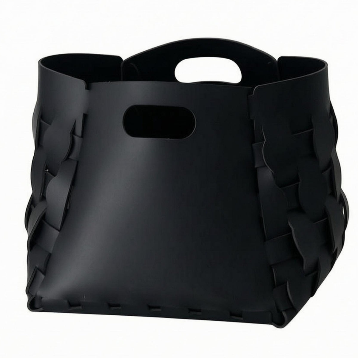 Woven Laundry Hamper Cutout Handles Leather Storage Basket Structured Conical Basket