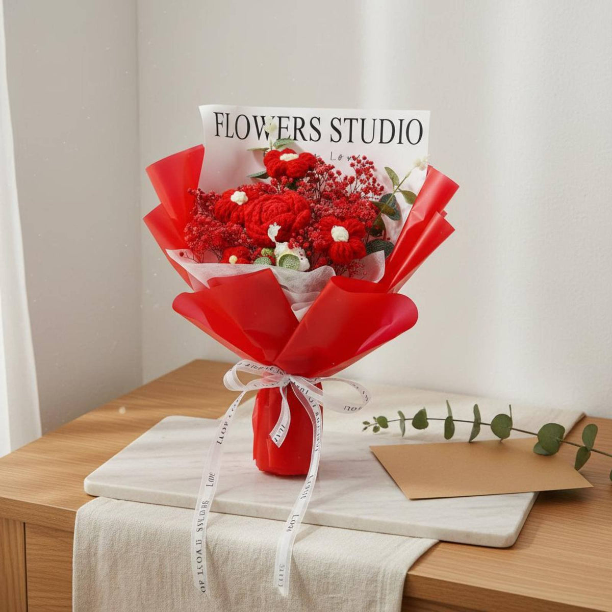 Knitted Flower Bouquet Completed Item Handmade Yarn Flower Bouquet Long House Decoration for Christmas, Birthday