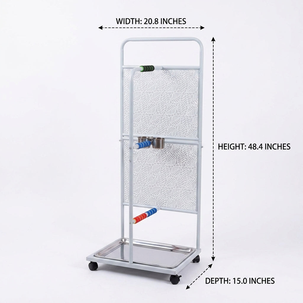Parrot Stand and Large Bird Cage Mobile Base, Metal Avian Play Stand with Wheels, Pet Bird Resting Area with Stainless Steel Tray for Macaws