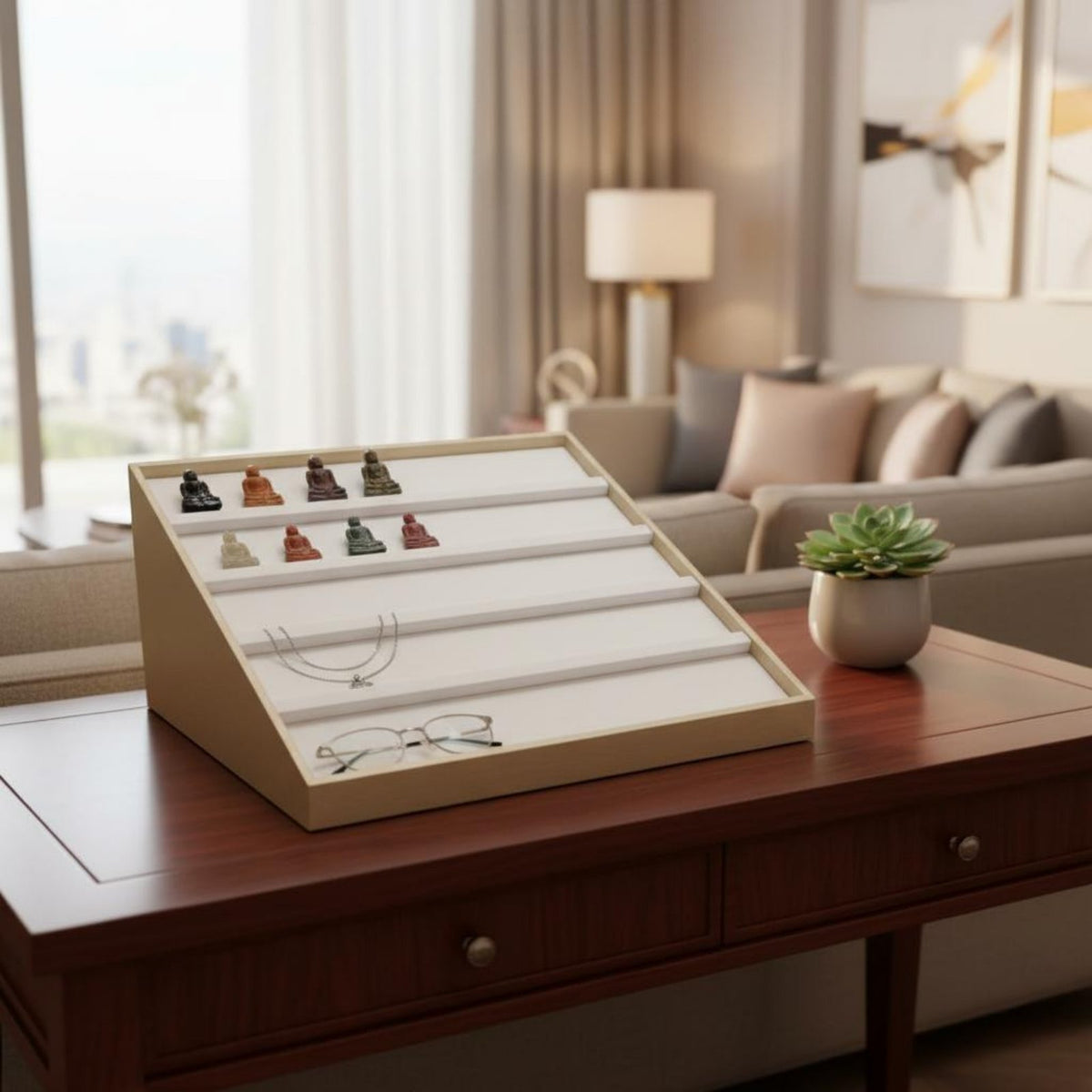 Sloped Jewelry Display Rack Versatile Organizer Multi-Row Necklace Display Tray 4 Tier Jewelry Stand Easy Assembly