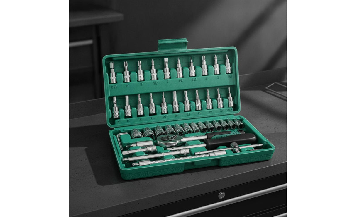 Socket Set with Hard Shell Case 46-Piece Socket Set with Case Chrome Mechanics Tools Kit for Vehicle Owners, Hobbyists, Garage, Home Maintenance