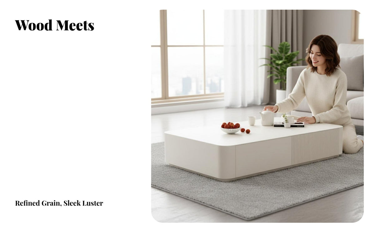 Minimalist design Oval Coffee Table with Drawers glossy Lacquer Finish Home Furnishing Creamy off-white Color Room Furniture Spacious Storage for Apartment Dwellers, Homeowners, Families, Lounge Area, Office, Bedroom