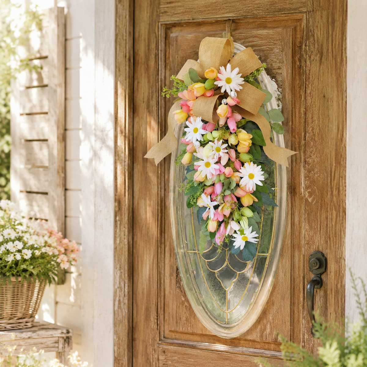 60cm Spring Door Swag, Artificial Mixed Floral Teardrop Swag for Front Door, Farmhouse Summer Wreaths for Home Decor UK