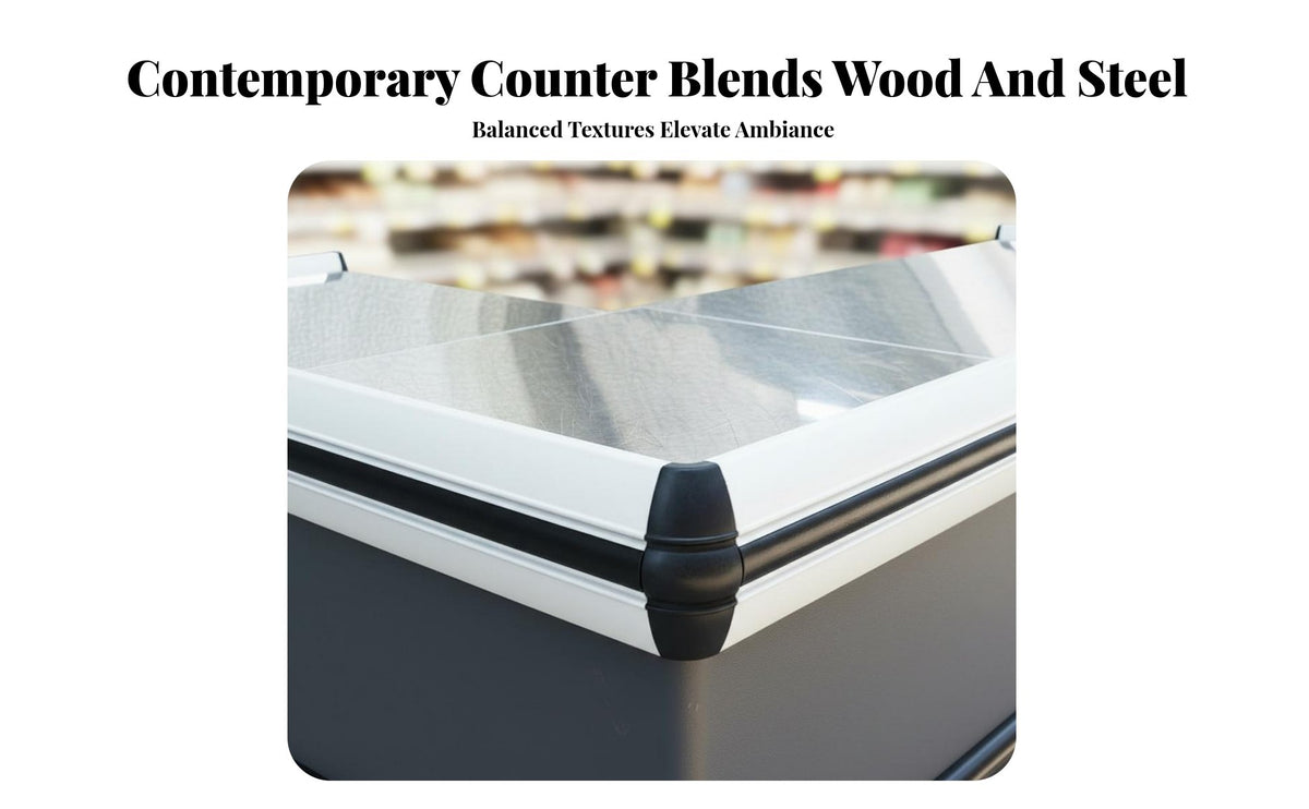 Corner Checkout Counter Minimalist Design Stainless Metal Surface Ier Desk Heavy Duty Supermarket Wrap for Fruit Stores, Supermarkets