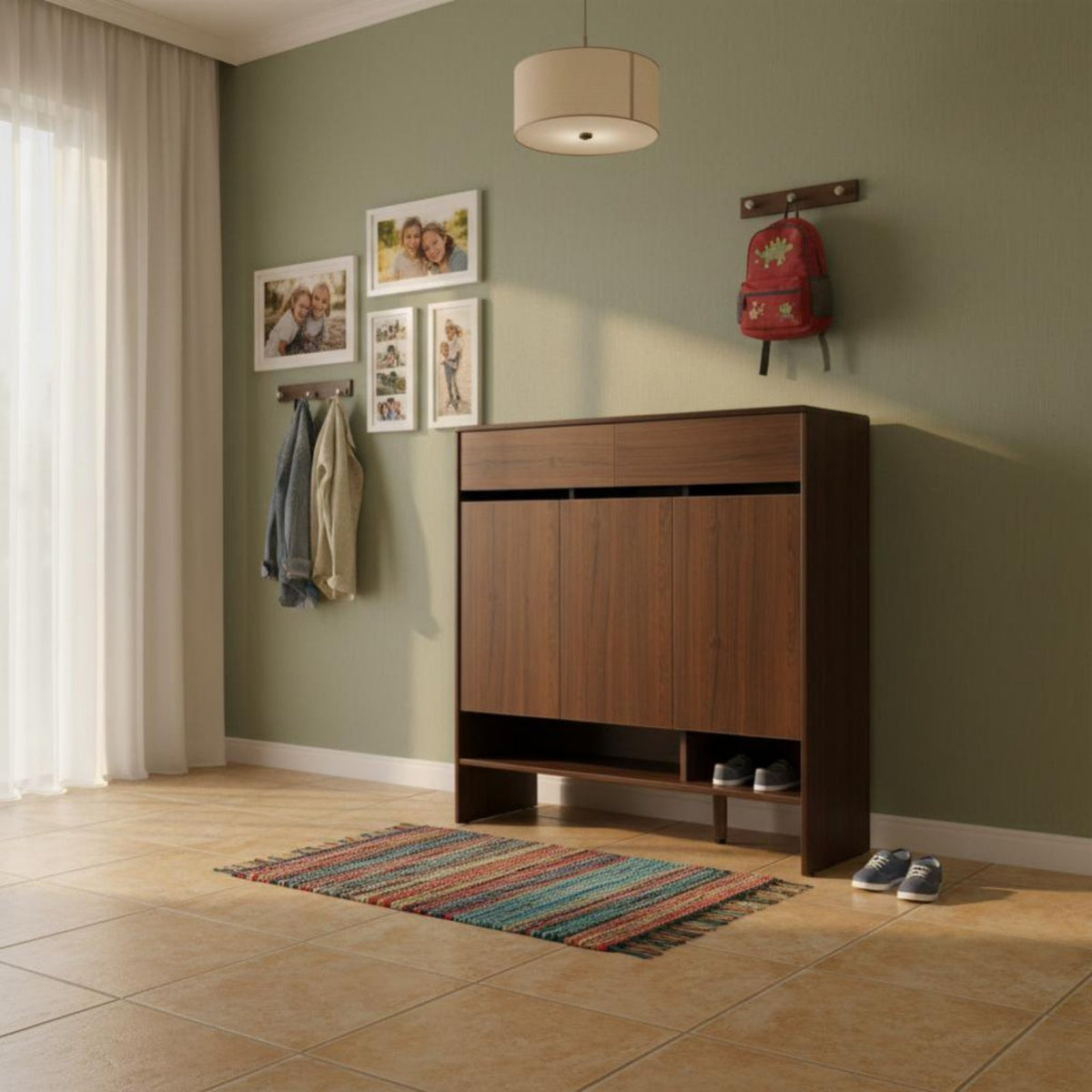 Shoe Storage Bench Walnut Finish Entryway Cabinet Multi-Functional Design High Weight Capacity for Homeowners, Adults, Foyer