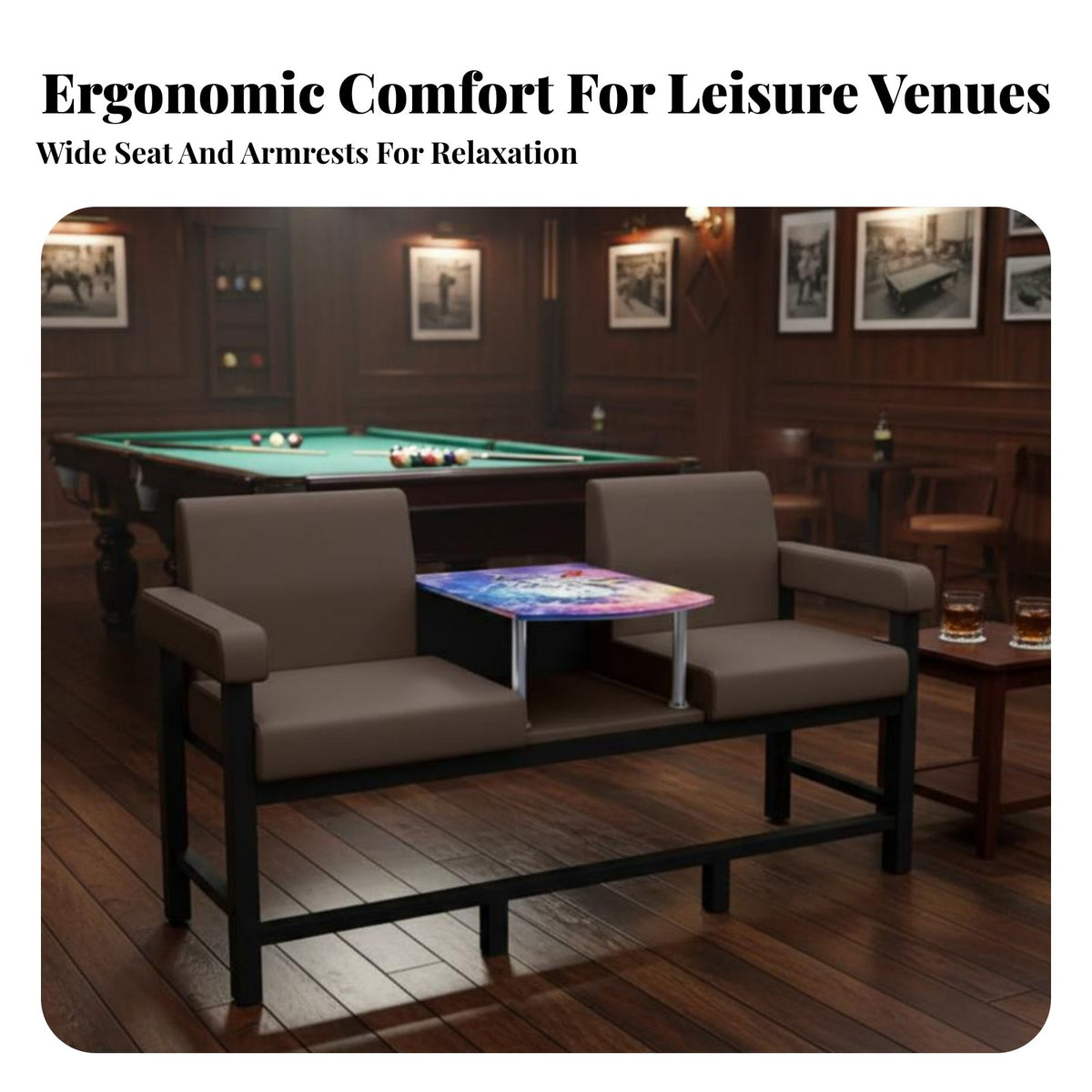 Built-in Cue Holder Billiards Viewing Bench with Console High Backrest Design Billiards Viewing Bench Wear-Resistant Upholstery Game Room Sofa Integrated Footrest for Billiard Players, Spectators, Club Owners, Recreation Center, Lounge Area