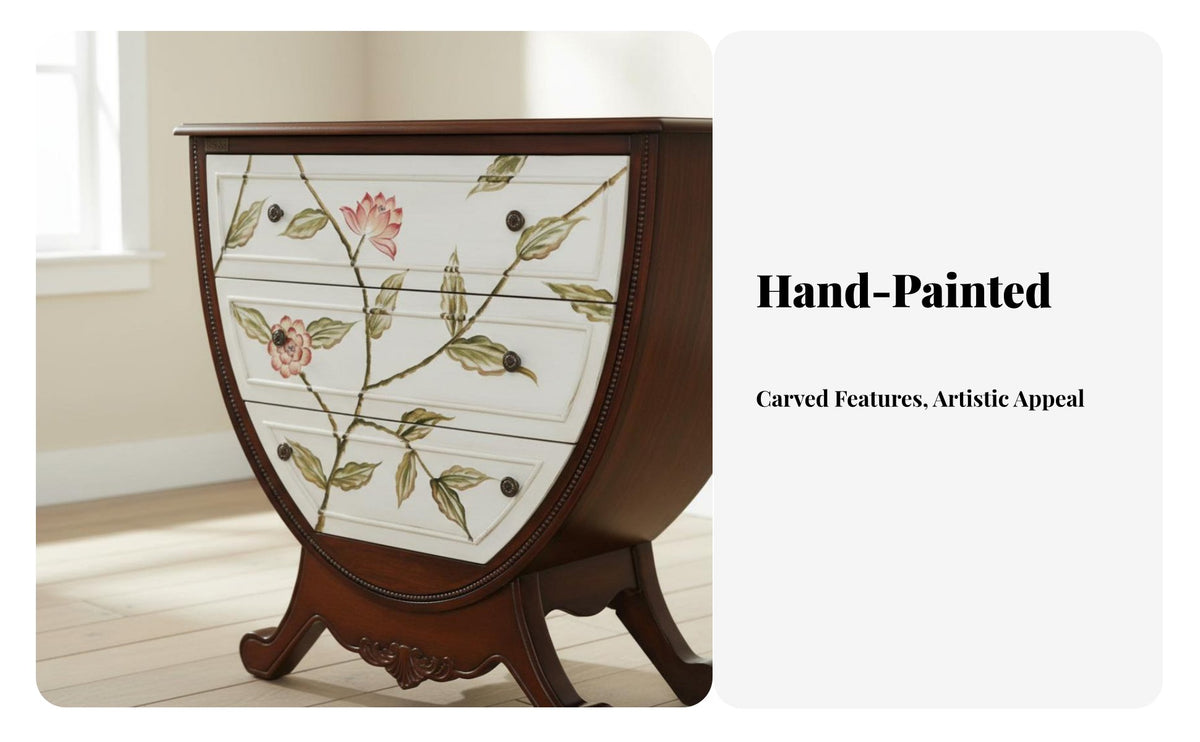 Rustic Country Aesthetic Carved 3-Drawer Nightstand Floral Carvings 3-Drawer Carved Cabinet Distressed Finish Bedside Table Vintage aesthetic for Interior Design devotees, Homeowners, Adults, Guest Room, Entryway, Hallway