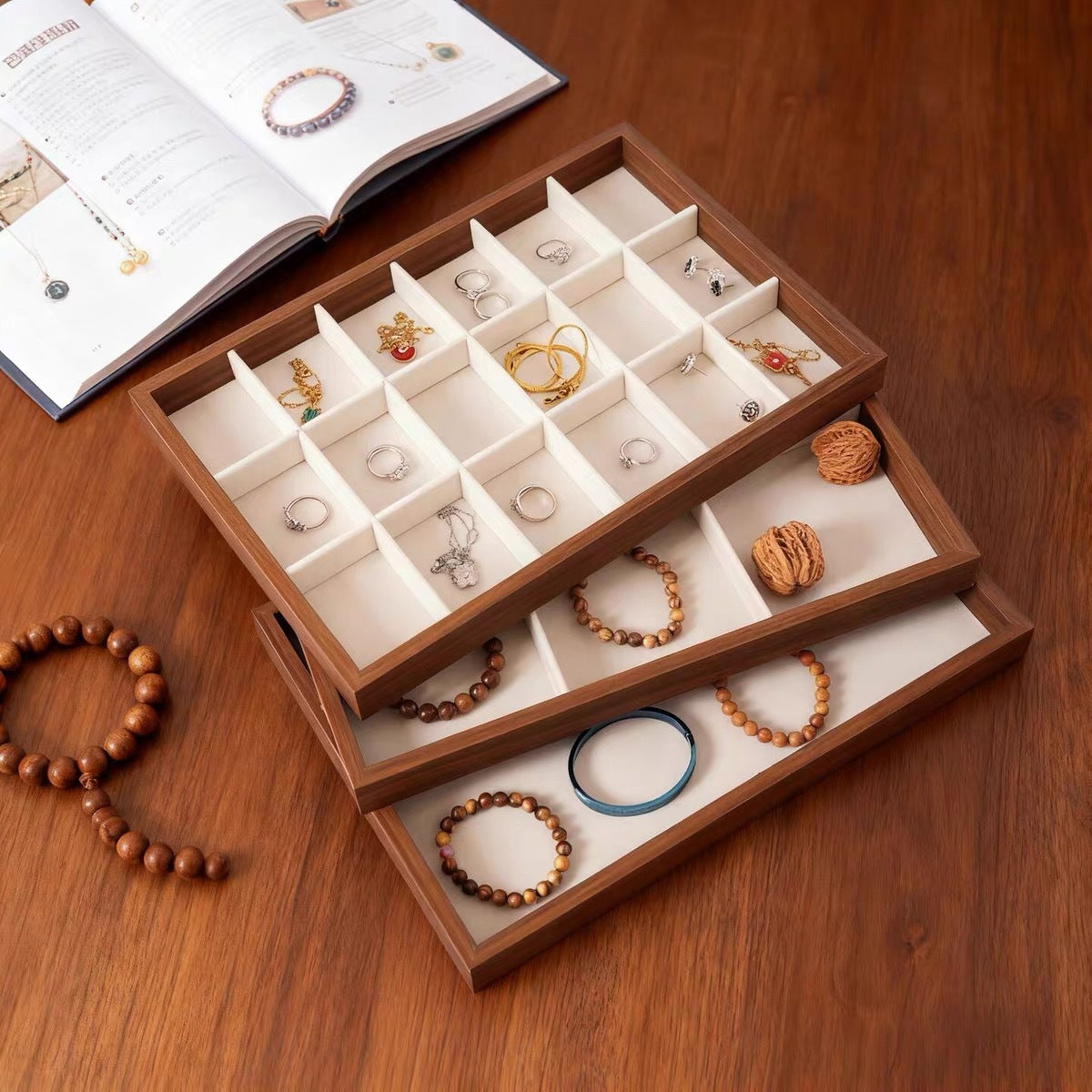 Vintage Walnut Wood Grain Jewelry Organizer Tray with Grids