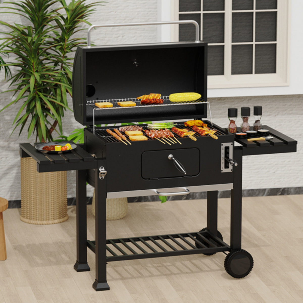 Trolley Briquette Barbecue Side Shelves Barbecue Grill with Lid Door Outdoor Cooking