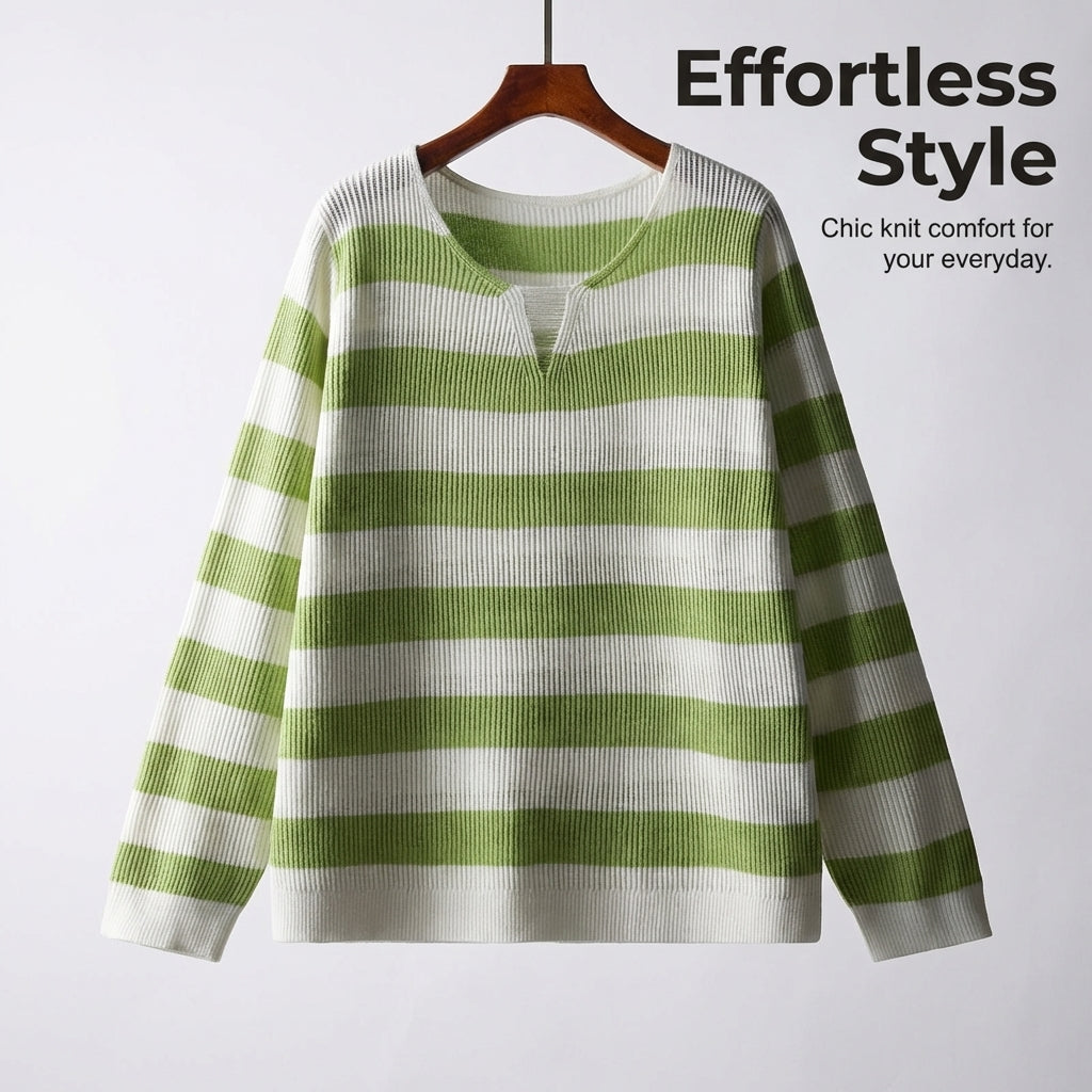 Long Sleeve Top Women with Striped Ribbed Knitwear Design, Plus Size Casual Polyester Blend Sweater with Extended Sizing up to XXXL