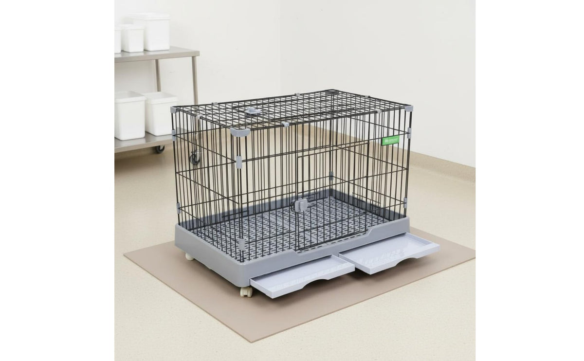 Easy to Clean Dog Crate with Slide-out Tray Sturdy Rolling Pet Enclosure Top and Front Doors Cat Playpen with Wheels for Indoor