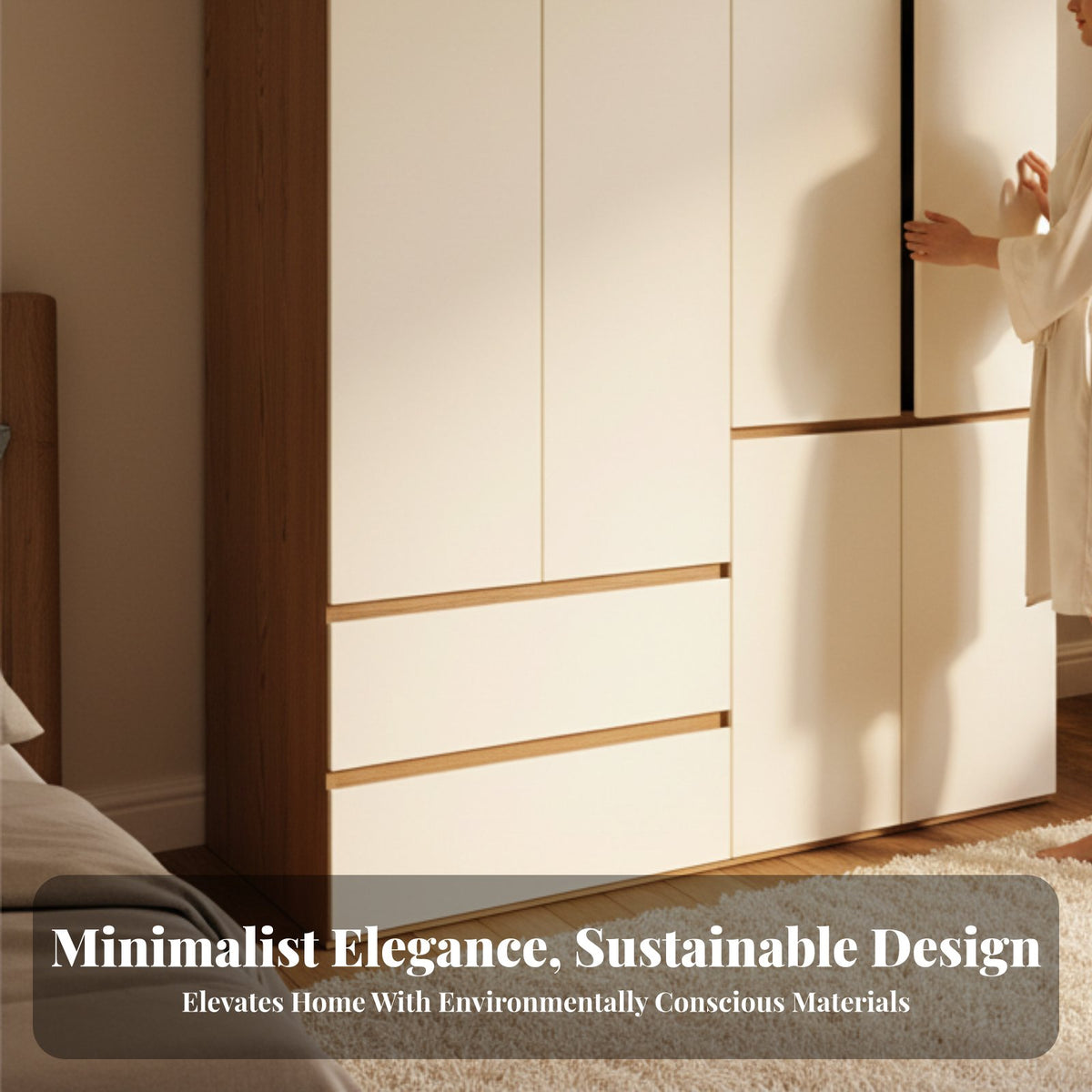 Wooden Clothes Closet Thickened Panels Wardrobe with Drawers and Shelves Sturdy Large Capacity Closet for Families, Renters, Dressing Room, Apartment