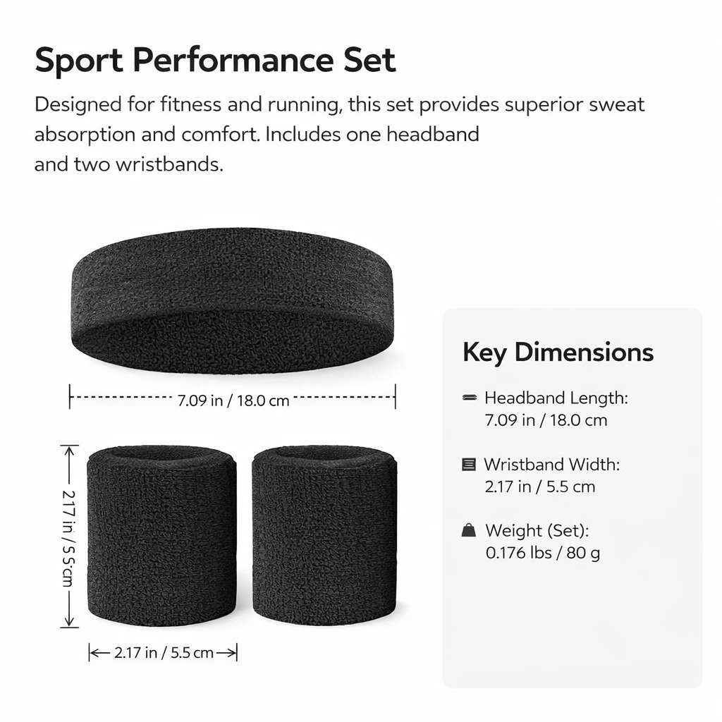 Sweatband Headband and Wristband Set for Running, Breathable Absorbent Athletic Head Band for Men Women Gym Basketball Fitness