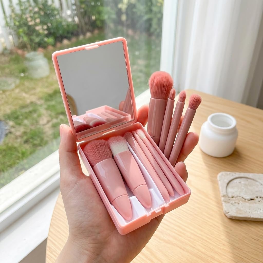 Mini Portable 5-Piece Makeup Brush Set with Mirror Case - Soft Bristle Powder & Foundation Brushes