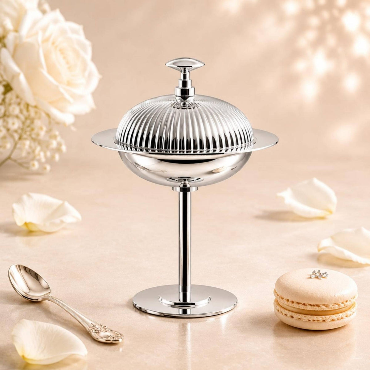 Domed Dessert Server Reflective Silver Finish Pedestal Serving Bowl Decorative Design Lidded Serving Vessel for Tabletop Display