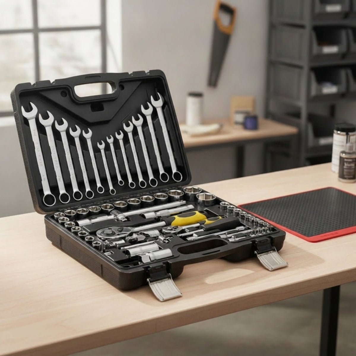 Chrome-Finish Socket and Wrench Kit Portable Socket Wrench Set with Toolbox Compact Tool Set with Carrying Case Professional for Home Repairs