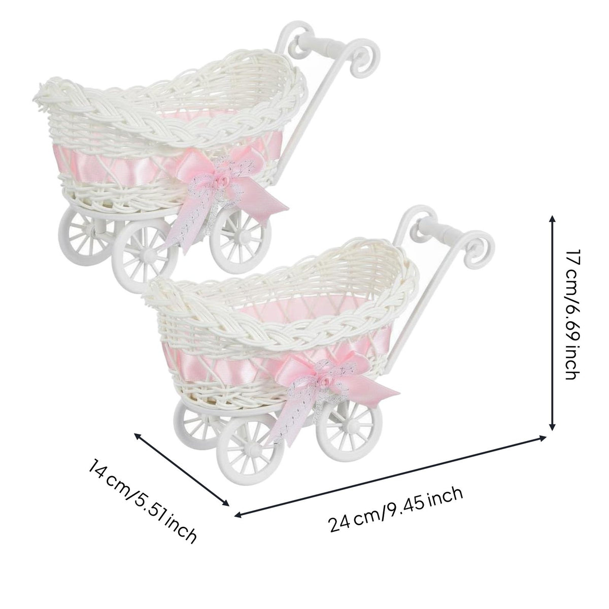 2 Pieces Miniature Pram Favor Basket Pink Ribbon Decorative Mini Pram Basket Adorable Design Rattan Style Infant Decor for Expecting Parents