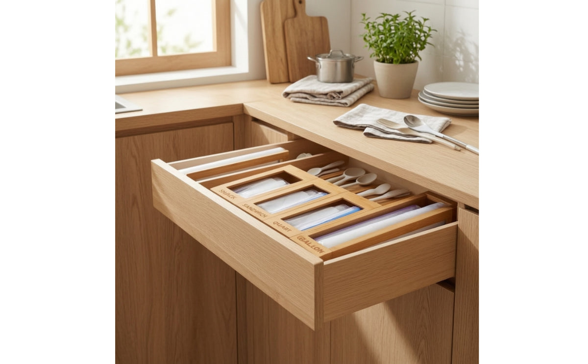 Eco-Friendly Bamboo Bag Organizer Natural Food Bag Dispenser Sturdy Long-Lasting for Kitchen, Drawer, Pantry