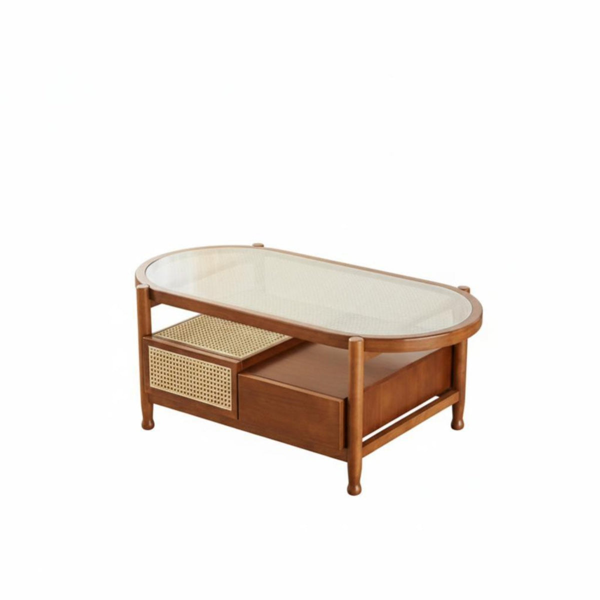 two-level Oval Glass and Rattan Stand Nordic Design Coffee Table Space-Saving Rounded Edges for Living Room, Lounge Area, Office