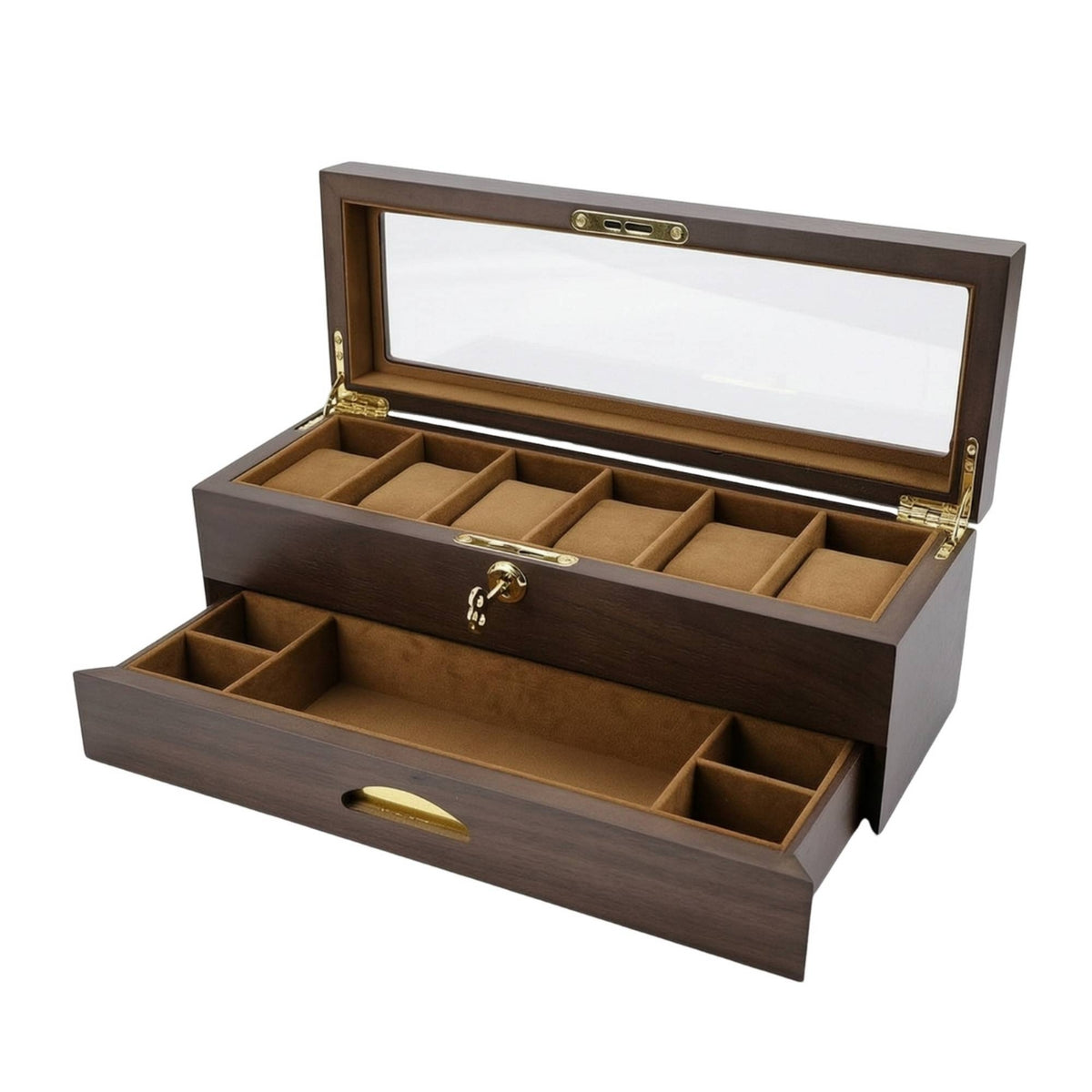Watch Box with Glass Lid 6-Slot Watch Box with Drawer Sturdy Wooden Jewelry Organizer for Vanity