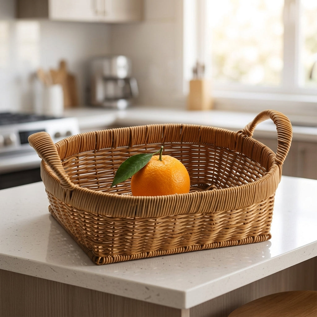 Oval storage basket, rattan look plastic basket with handles, medium fruit basket for kitchen & office, snack basket
