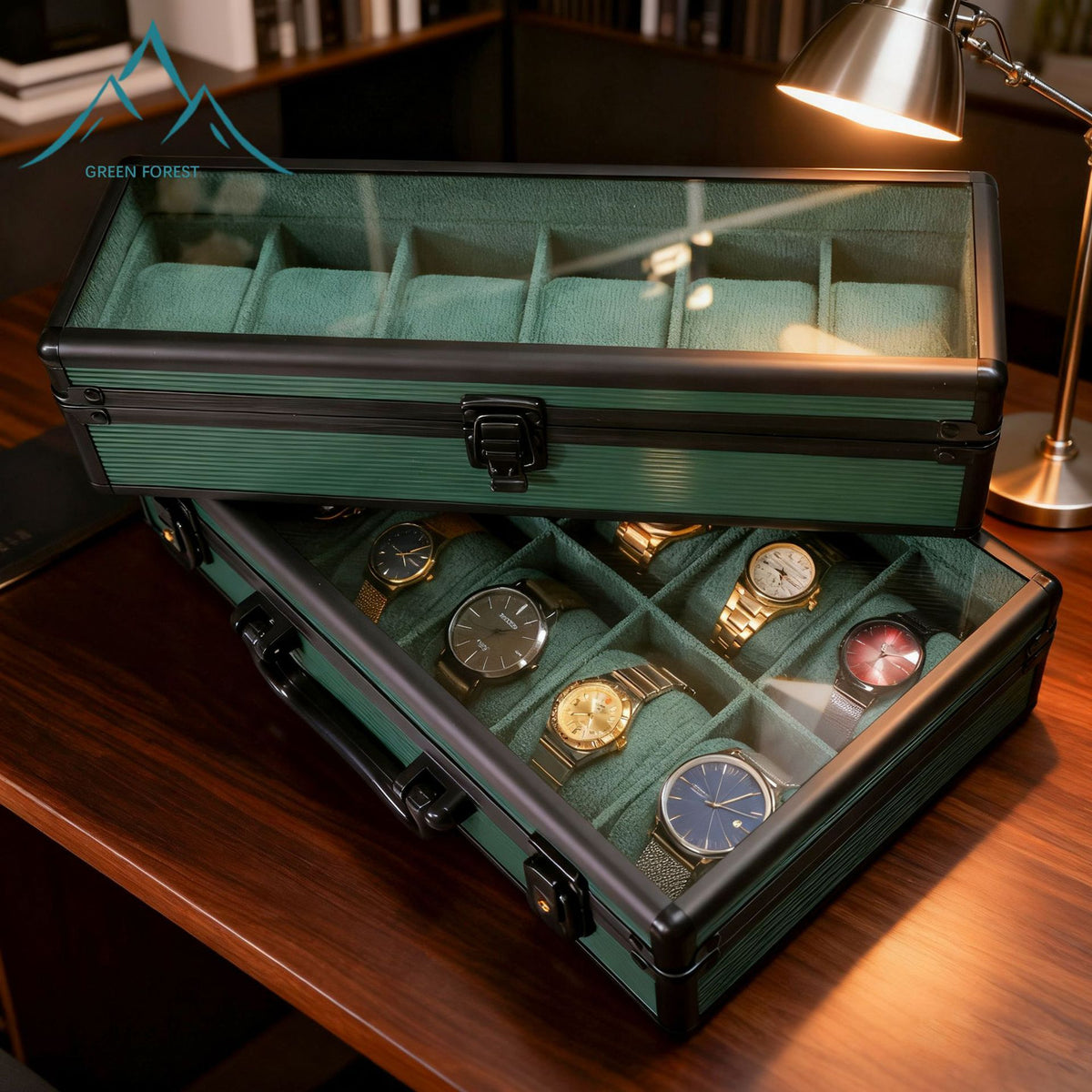 Aluminum Suitcase Watch Storage Box, 6 or 12 Slots, Green or Black