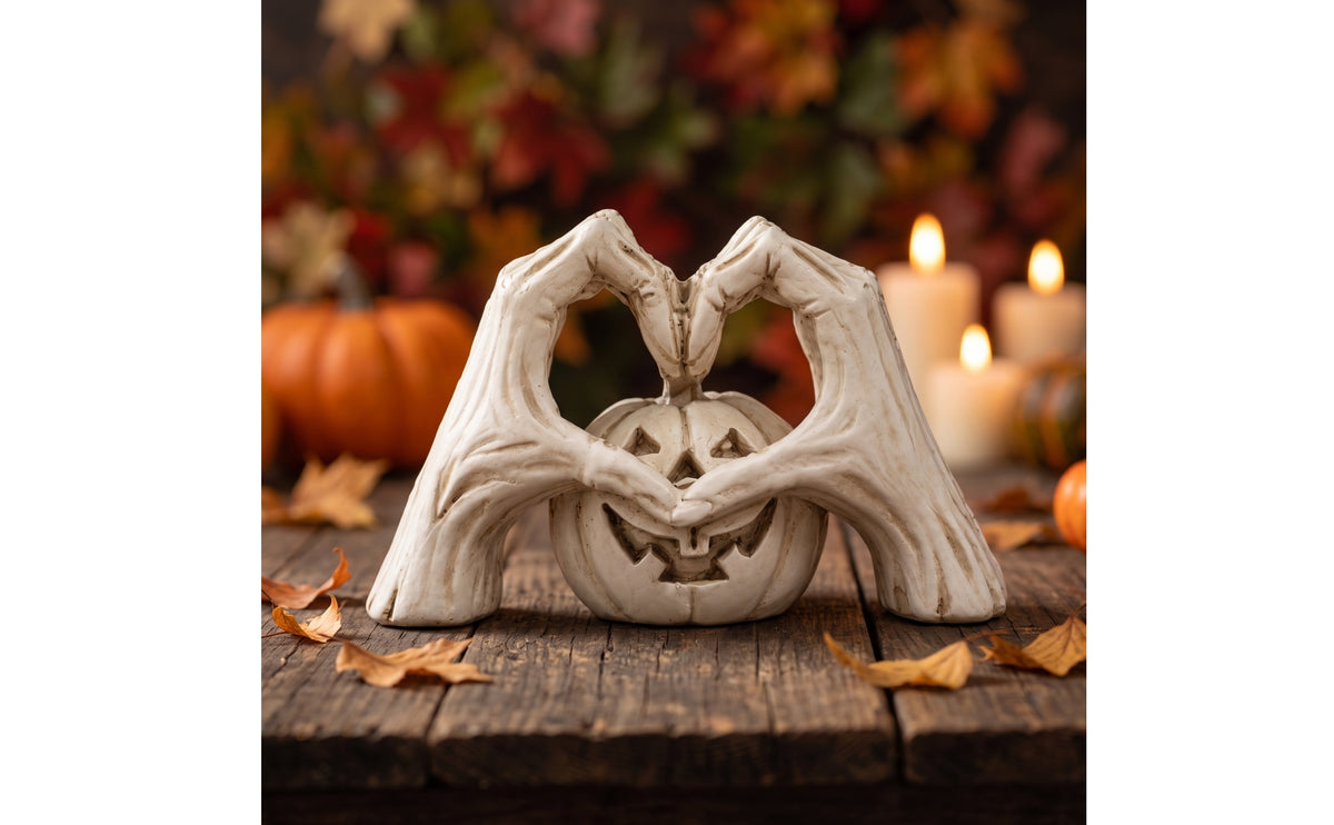 Pumpkin with Fond Clasp Festive Halloween Pumpkin Statue Whitewashed Jack-O'-Lantern Figurine for Desk, Shelf, Windowsill