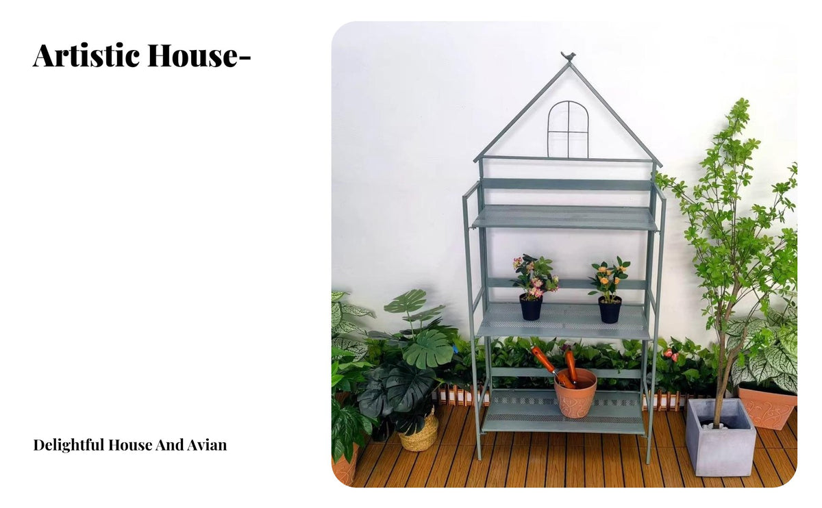 Foldable House-Shaped Etagere Multi-Tier Plant Stand Floor-Standing Display Shelf Easy Assembly for Gardeners, Home Decorators, Homeowners, Balcony, Indoor, Garden, Living Room