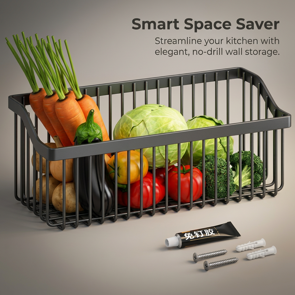 Wall Mounted Storage Basket, Hanging Wire Organizer Rack, Metal Wire Kitchen Organizer, Carbon Steel Fruit Vegetable Rack, Punch Wall Basket
