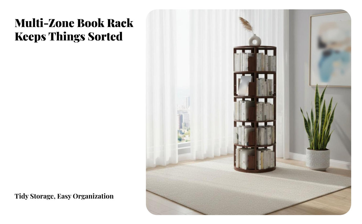 360-Degree Rotating Revolving bookshelf Tower Floor-Standing 5-Tier revolving Book Tower Movable with casters bookshelf Space-Saving Design for Apartment Dwellers, Homeowners, Living Room, Home Office, Bedroom, Playroom