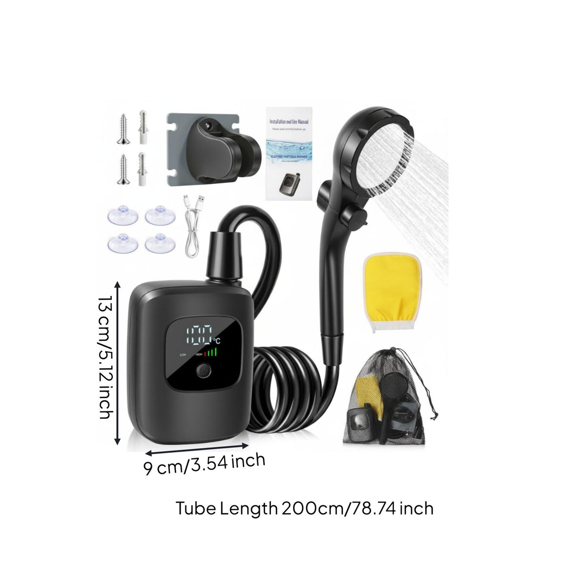 Digital Display USB Charging Shower System IPX8 Waterproof Electric Shower Pump 3 Spray Modes Bathing Equipment Low Noise for Campers, Hikers, Camping, Travel, Beach