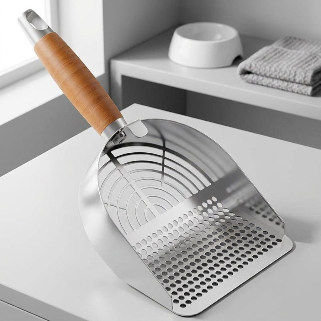 Cat Waste Scooper and Litter Sifter with Wood Handle, 304 Stainless Steel Litter Scooper for Clumping Tofu Mineral, Angled Deep Sifter Basket