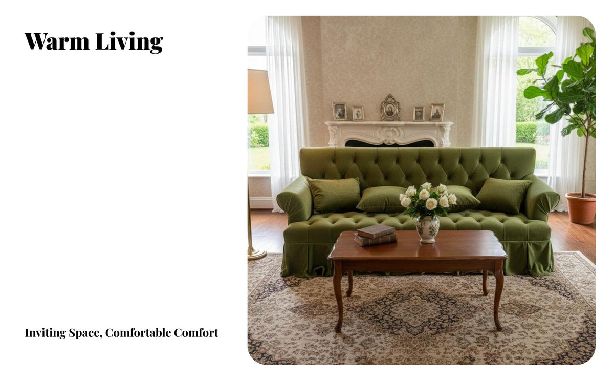 traditional Vintage design emerald Tufted Highspine Sofa Skirted Base Tufted plush fabric Couch long-lasting Frame Living Room Seating Easy Assembly for Interior Designers, Homeowners, Adults, Showroom, Lounge Area, Apartment, Hotel Lobby