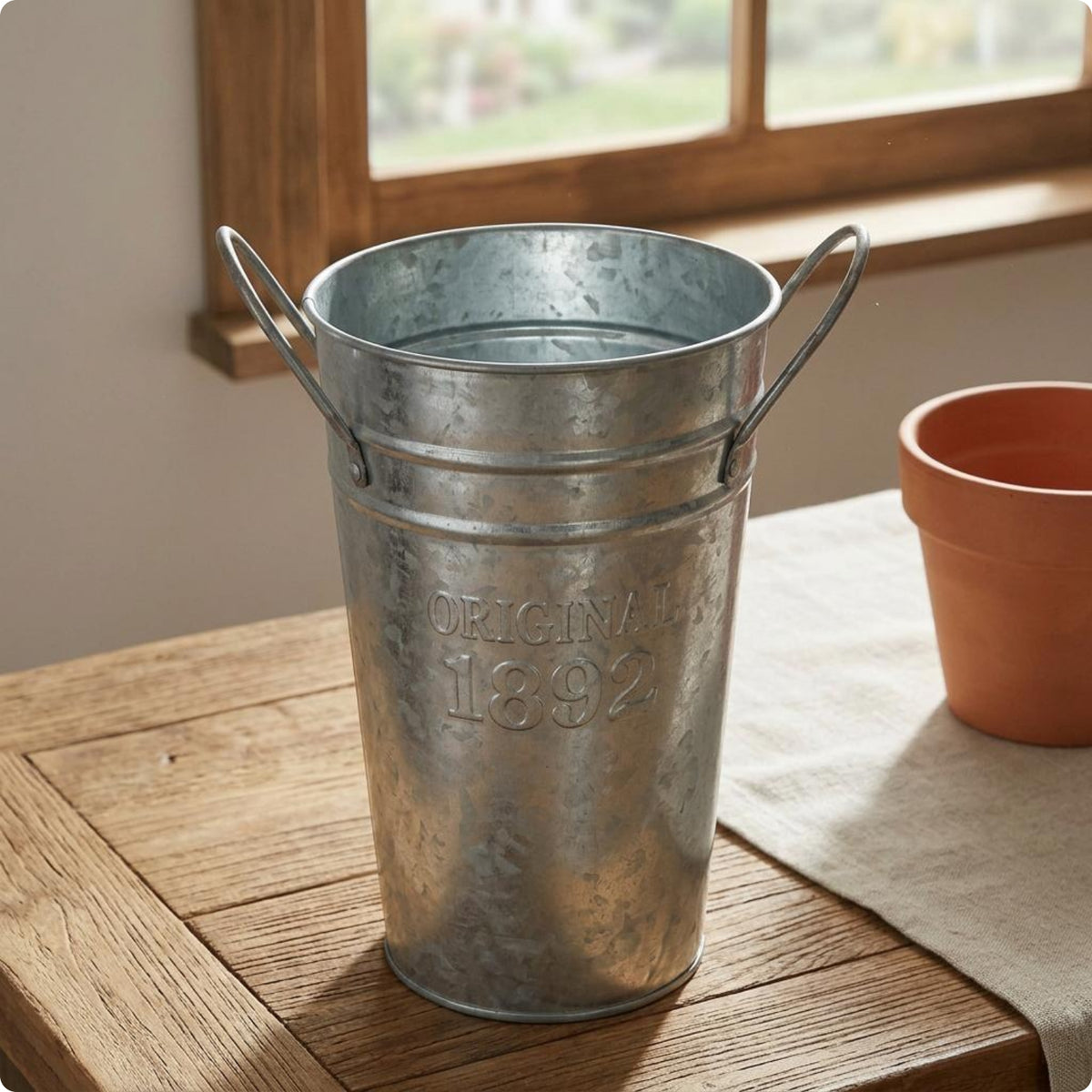 Distressed Tin Vase Vintage Style Galvanized Flower Vessel Side Handles