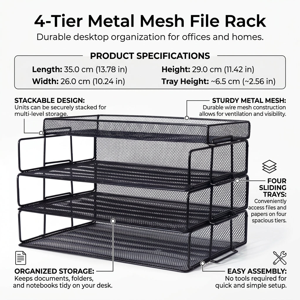 Metal Mesh Desk Storage 5 Tier, Desktop Organiser for Office Workers, Stackable Paper Filing Tray, Document Holder
